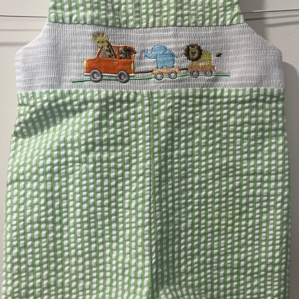 Green Striped Kids Romper with Animal Train Embroidery